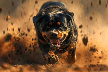 Energetic Black Rottweiler Dog Running Aggressively With Flying Dirt Captured In Dynamic Outdoor Action Shot AI Generativeの素材