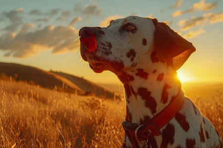Serene Dalmatian Enjoying Sunset in Golden Grassland, Peaceful Dog in Nature Scene, Pet Relaxation Concept AI Generativeの素材