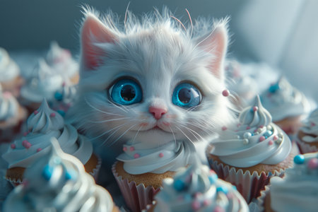 Adorable Fluffy White Kitten with Stunning Blue Eyes Peeking Out from Amongst Colorful Cupcakes AI Generativeの素材