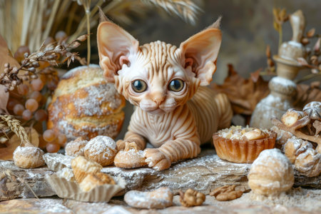Cute Sphynx Kitten Surrounded by Delicious Pastries and Rustic Kitchen Decor AI Generativeの素材