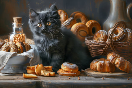 Charming Fluffy Gray Cat Surrounded by Fresh Baked Goods in Rustic Kitchen Setting with Warm Tones AI Generativeの素材