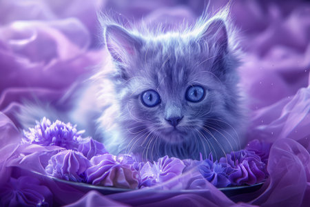 Charming Fluffy Kitten with Mesmerizing Blue Eyes Resting on Purple Bed of Soft Fabrics and Flowers Perfect for Pet Lovers AI Generativeの素材