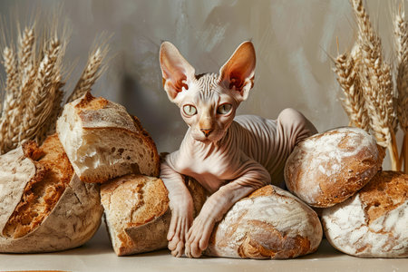 Charming Sphynx Cat Sitting Amongst A Variety of Fresh Rustic Breads on a Textured Table, Cozy Bakery Concept AI Generativeの素材