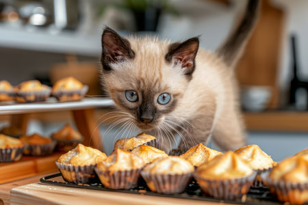 Curious Siamese Kitten Exploring Freshly Baked Cupcakes on Kitchen Counter in a Home Environment AI Generativeの素材