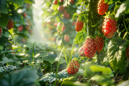 Sunlit Juicy Raspberries Growing on Bushes in Lush Garden Fresh Organic Fruit Concept with Natural Backlighting AI Generativeの素材