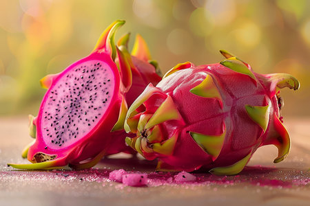 Vibrant Pink Dragon Fruit Halved with Seeds on Wooden Surface, Exotic Tropical Pitaya Still Life AI Generativeの素材