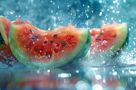 Fresh Watermelon Slices Splashed with Water Drops on Vibrant Background Juicy Summer Fruit Refreshment AI Generativeの素材