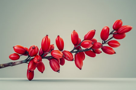 Vibrant Red Blossoms on Twig Against Neutral Background Elegant Natural Decorative Botanical Image AI Generativeの素材