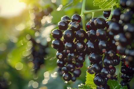 Sunlit Ripe Black Grapes Hanging on Vine in Vineyard, Wine Production, Organic Fruit Farming, Agriculture AI Generativeの素材