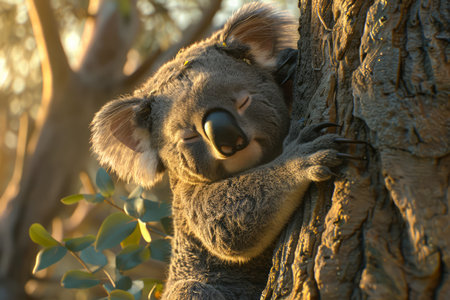 Adorable Koala Clinging to a Tree in a Serene Forest Setting Illuminated by Golden Sunlight AI Generativeの素材