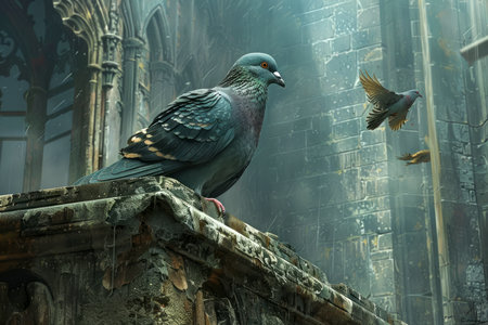 Close up View of a Gray Pigeon Perched on a Ledge with Another Bird in Flight Against a Vintage Building Background AI Generativeの素材
