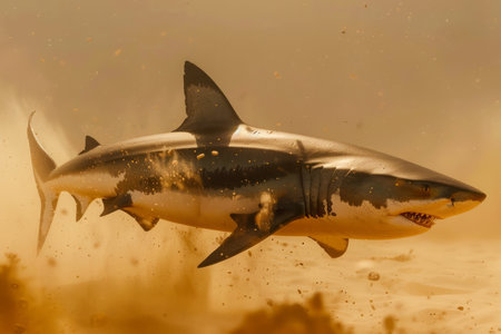 Majestic Great White Shark Swimming Powerfully in Murky Ocean Waters With Sunlight Filtering Through AI Generativeの素材
