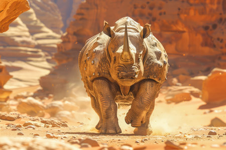 Majestic Rhino Walking in Arid Desert Landscape Under Bright Sunlight AI Generativeの素材