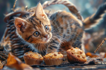 Adorable Tabby Kitten Surrounded by Autumn Leaves Gazing Curiously Next to Fresh Baked Muffins AI Generativeの素材
