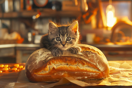 Adorable Kitten Lounging on Freshly Baked Bread in Warm Kitchen Light Cute Pet and Homemade Food Concept AI Generativeの素材