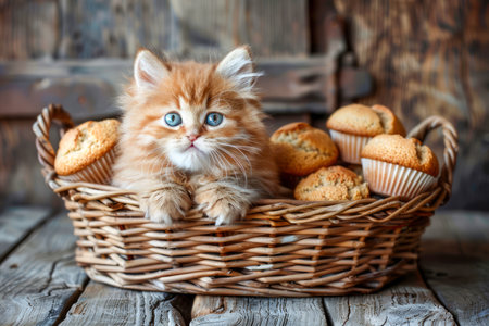 Adorable Fluffy Ginger Kitten Sitting in Wicker Basket with Fresh Baked Muffins on Rustic Wooden Background AI Generativeの素材