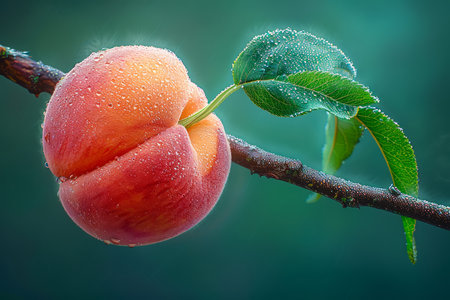 Close Up of Fresh Dewy Peach on Tree Branch with Soft Bokeh Background in Natural Rural Orchard Scene AI Generativeの素材