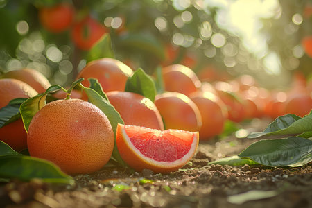 Fresh Ripe Oranges with Sliced Piece on Sunny Citrus Orchard Ground with Soft Focus Background, Natural Fruit Harvest Concept AI Generativeの素材