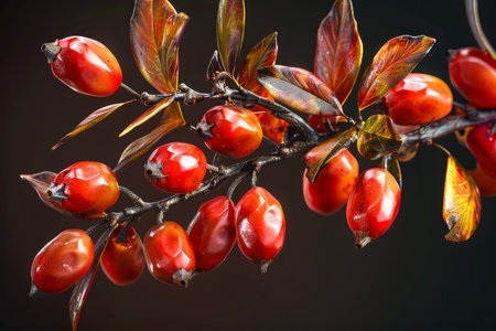 Vibrant Red Berries and Lustrous Leaves on a Dark Background Nature Detail Photograph for Seasonal Themes and Wall Art AI Generativeの素材