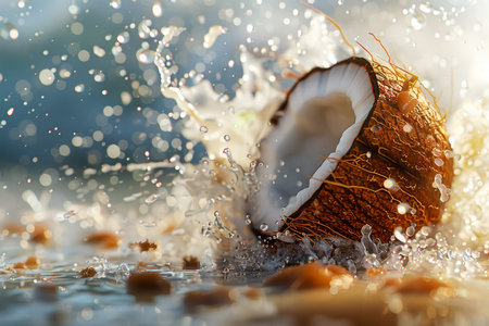 Fresh Coconut Splashing in Water with Droplets and Sunlight, Tropical Summer Concept AI Generativeの素材