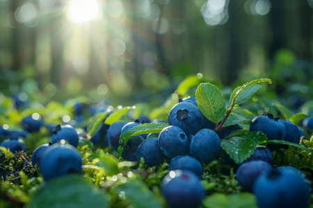 Fresh Wild Blueberries in Lush Forest with Sunlight Streaming Through Trees AI Generativeの素材