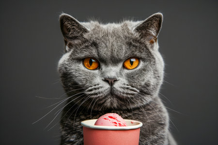 Adorable Grey British Shorthair Cat with Striking Amber Eyes Holding a Pink Ball in a Cup on Dark Background AI Generativeの素材