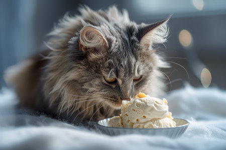 Fluffy Domestic Cat Mesmerized by Creamy Birthday Cake on Table with Cozy Home Backdrop AI Generativeの素材