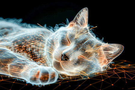 Abstract Digital Art of a Cat Sleeping on a Glowing Grid Cybernetic Animal Concept AI Generativeの素材