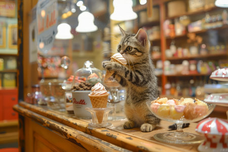 Adorable Tabby Cat Playing with Miniature Fake Cupcakes in a Whimsical Sweet Shop Setting AI Generativeの素材
