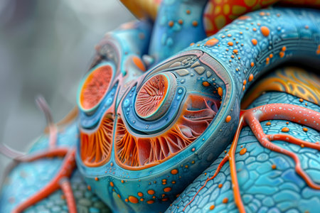 Vibrant Surreal Creature Sculpture with Intricate Designs and Vivid Colors in a Fantasy Concept Close up AI Generativeの素材