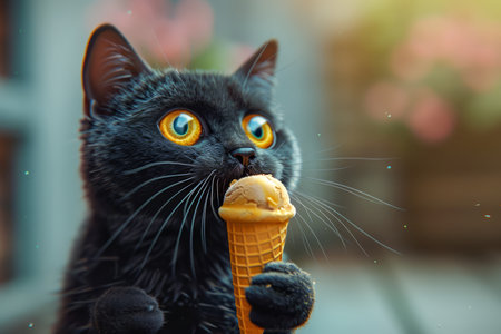 Black Cat with Bright Yellow Eyes Enjoying a Vanilla Ice Cream Cone in a Colorful Garden Setting AI Generativeの素材