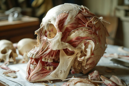 Anatomically Detailed Human Skull Dissection Display on Table for Educational Purposes in Medical Study with Anatomic Accuracy AI Generativeの素材