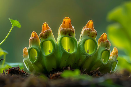Close up View of Fresh Seedling Growth with Dewdrops on Green Leaves in Sunlit Forest AI Generativeの素材