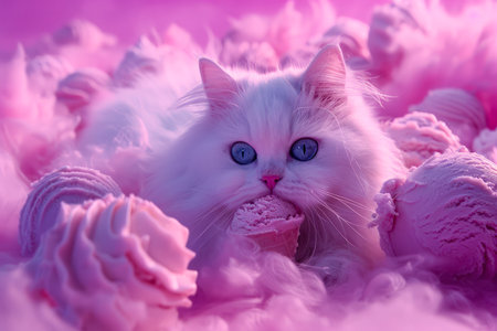Fluffy White Cat with Striking Blue Eyes Surrounded by Soft Pink Clouds and Whimsical Marshmallows in a Dreamy Fantasy Setup AI Generativeの素材