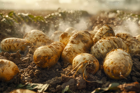 Fresh Organic White Potatoes Harvested from Fertile Farm Soil at Golden Hour Sunlight AI Generativeの素材