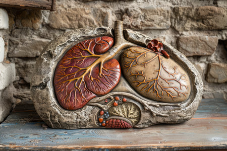 Detailed Anatomical Model of Human Organs for Educational Purposes on Rustic Background AI Generativeの素材