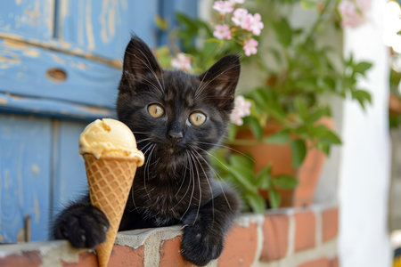 Cute Black Kitten with Vanilla Ice Cream Cone in Front of a Rustic Blue Door with Pink Flowers AI Generativeの素材