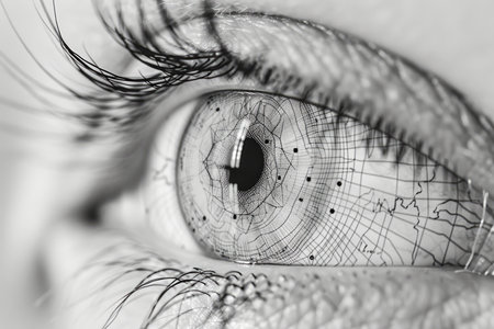 High Contrast Black and White Macro Photography of a Human Eye with Detailed Iris Texture AI Generativeの素材