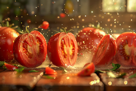 Fresh Ripe Tomatoes Being Washed with Water Splashes on Wooden Table with Sunlight in Kitchen Setting AI Generativeの素材