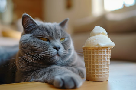 Relaxed Grey Domestic Cat Lounging Beside Vanilla Ice Cream Cone on a Warm Sunny Day Indoors with Soft Background AI Generativeの素材
