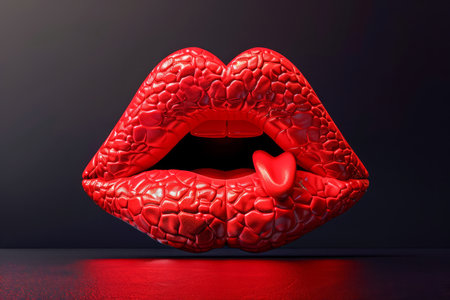 Sensual Red Lips with Textured Surface and Single Heart on Dark Background Valentine's Day Concept AI Generativeの素材