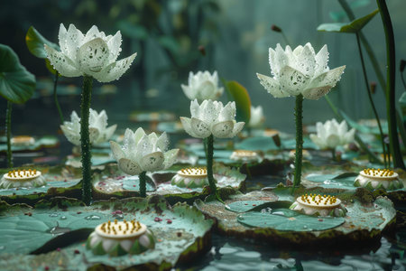 Tranquil Water Lily Pond Scene with Blooming White Flowers and Lush Green Lily Pads in Serene Garden Setting AI Generativeの素材