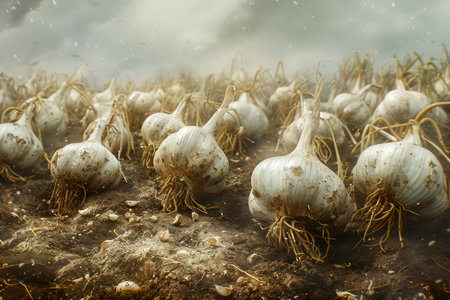 Surreal Landscape of Sprouting Bulbs in Misty Field Artistic Conceptual Nature Scene with Ethereal Lighting AI Generativeの素材