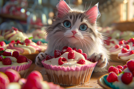 Adorable Fluffy Cat with Sparkling Eyes Admiring Delicious Raspberry Cupcakes Sweet Treats Display AI Generativeの素材