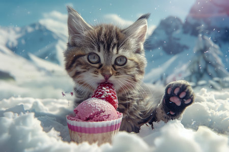 Adorable Fluffy Kitten Enjoying Pink Ice Cream on Snowy Mountain Landscape under Sunny Sky AI Generativeの素材