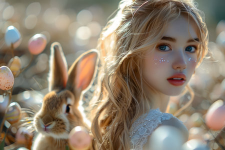 Serene Young Woman with a Cute Rabbit Amid Twinkling Fairy Lights and Soft Nature Background AI Generativeの素材