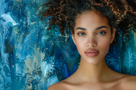 Serene Young Woman with Curly Hair Posing in Front of Textured Blue Artistic Backdrop for Modern Aesthetic Appeal AI Generativeの素材