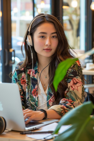 Young Asian Woman in Floral Jacket Working on Laptop at Coffee Shop with Headphones AI Generativeの素材