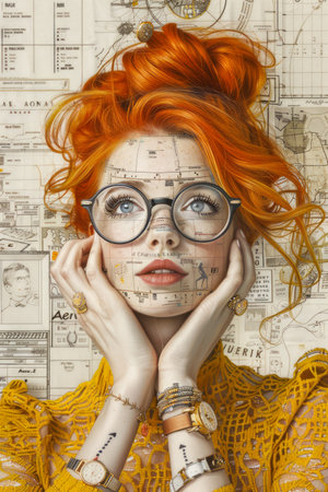 Creative Portrait of Woman with Red Hair and Geometric Marks on Face Against Illustrative Background AI Generativeの素材