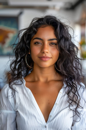 Portrait of a Confident Young Woman with Curly Hair Wearing a White Shirt Indoors with Art on the Background AI Generativeの素材